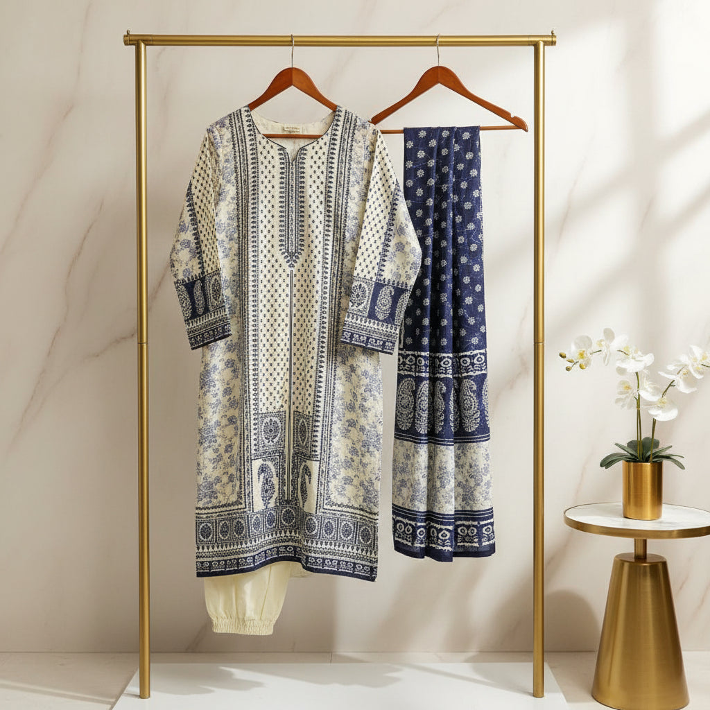 Zellbury Paisley Pearl | White & Navy Blue Print Linen Shalwar Kameez