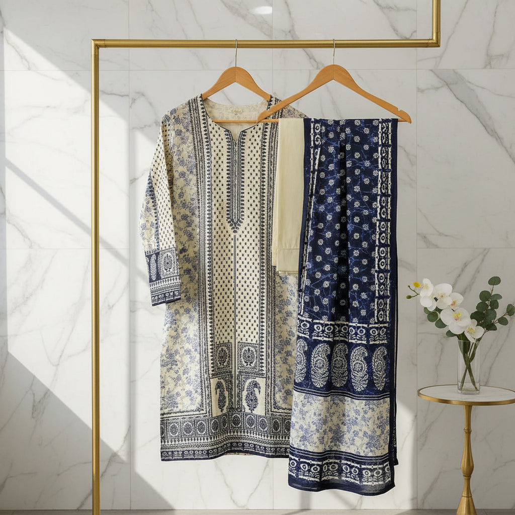 Zellbury Paisley Pearl | White & Navy Blue Print Linen Shalwar Kameez