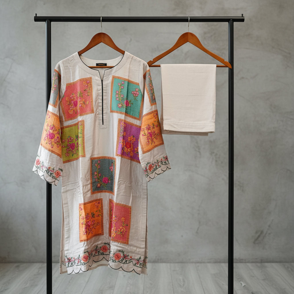 AD Winter Skin Tone | Neutral Heavy Marina Embroidered Kameez & Trouser Set