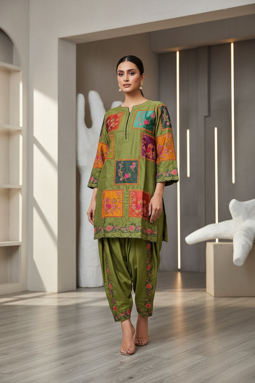 AD Winter Olive | Olive Green Heavy Marina Thread Embroidered Shalwar Kameez