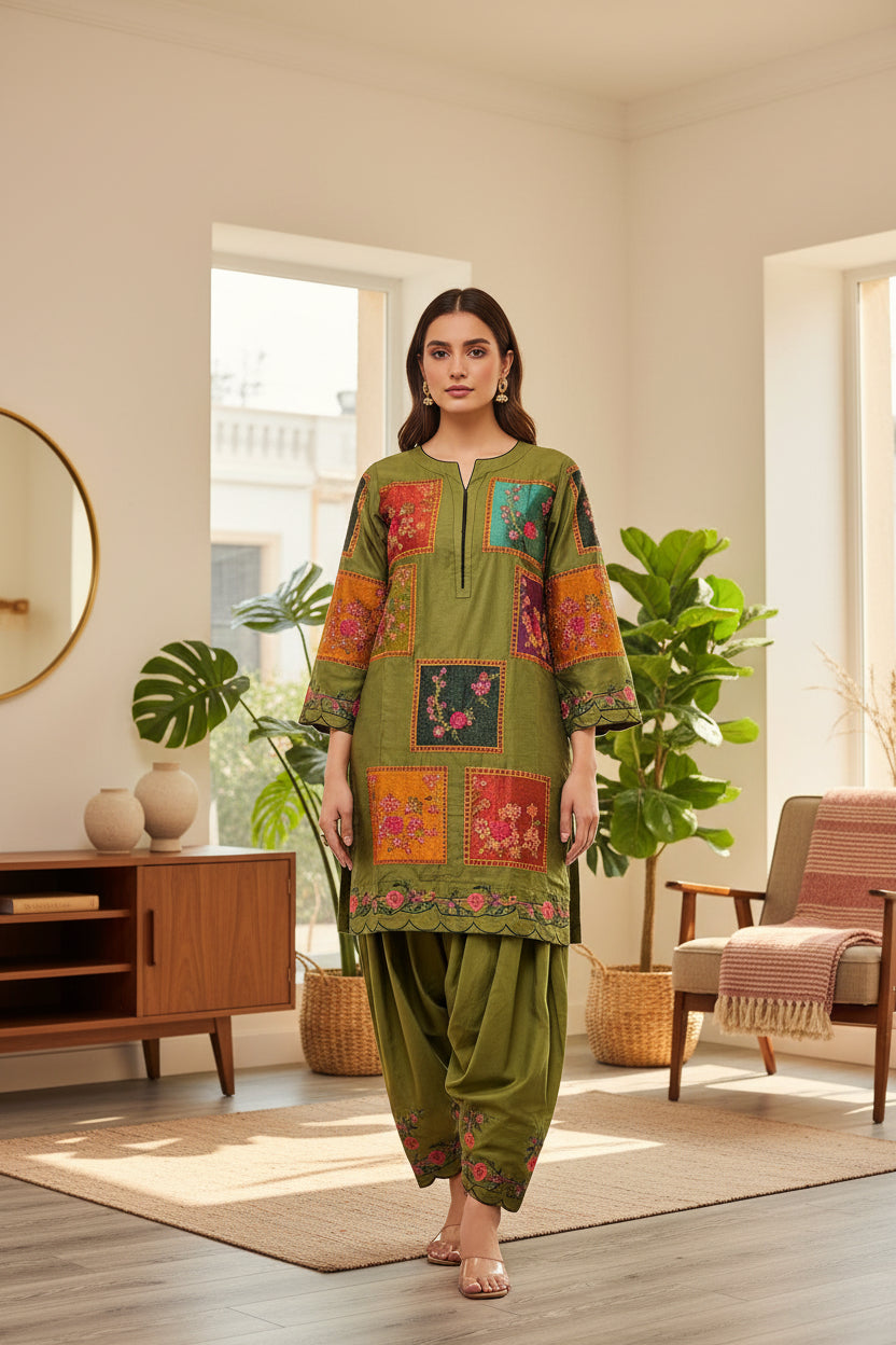 AD Winter Olive | Olive Green Heavy Marina Thread Embroidered Shalwar Kameez