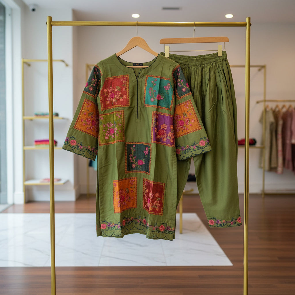 AD Winter Olive | Olive Green Heavy Marina Thread Embroidered Shalwar Kameez