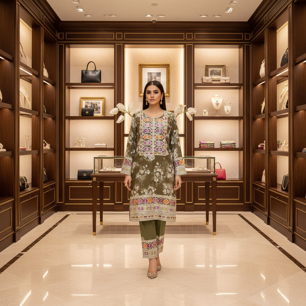 AL Olive Winter | Olive Green and White Print Embroidered Linen Kameez Trouser Set