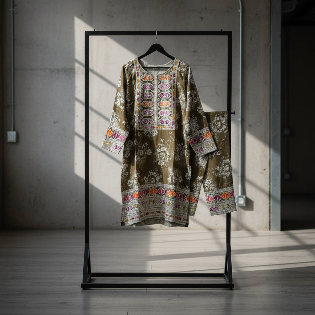 AL Olive Winter | Olive Green and White Print Embroidered Linen Kameez Trouser Set