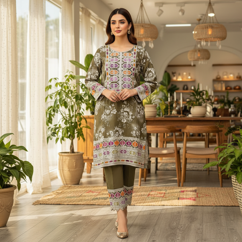 AL Olive Winter | Olive Green and White Print Embroidered Linen Kameez Trouser Set