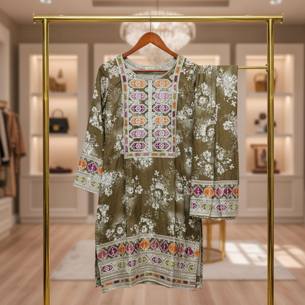 AL Olive Winter | Olive Green and White Print Embroidered Linen Kameez Trouser Set