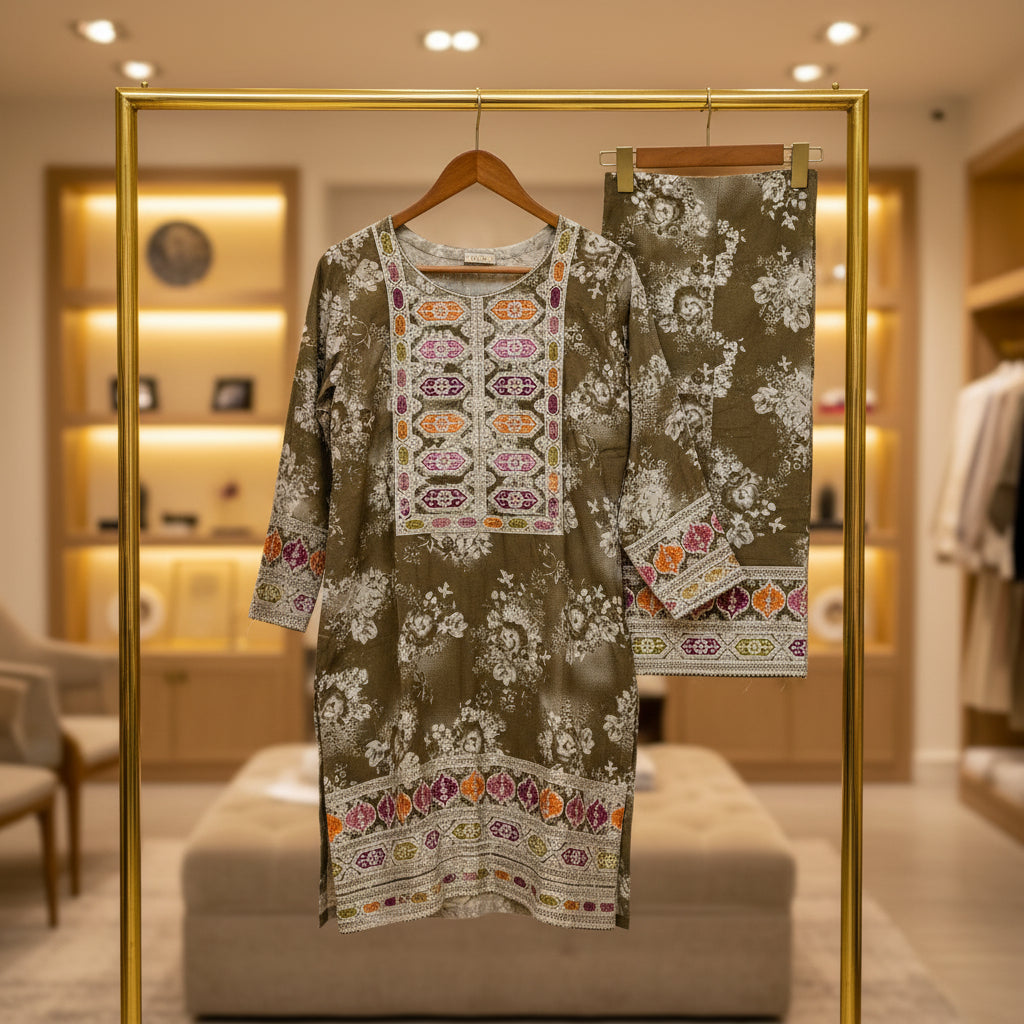 AL Olive Winter | Olive Green and White Print Embroidered Linen Kameez Trouser Set