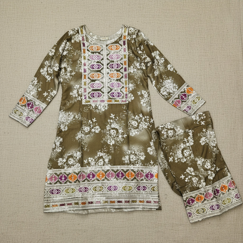 AL Olive Winter | Olive Green and White Print Embroidered Linen Kameez Trouser Set