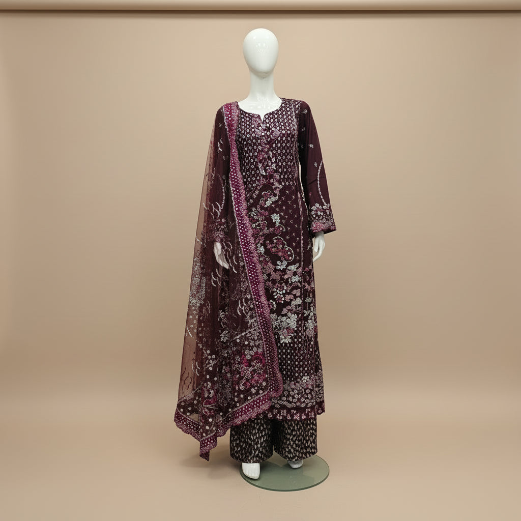 Joie by RPB | Deep Plum Silver Embellished Net Dress Brocade Sharara Set