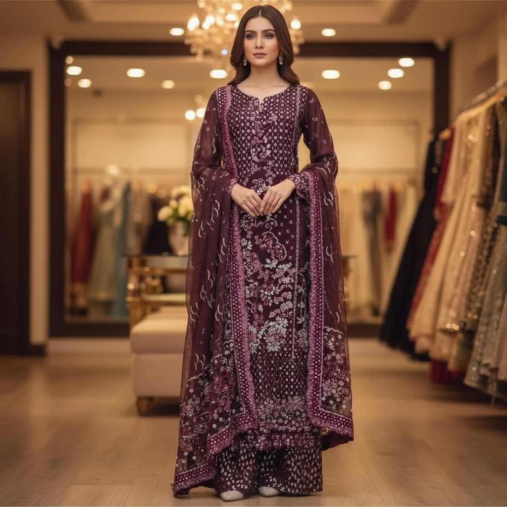 Joie by RPB | Deep Plum Silver Embellished Net Dress Brocade Sharara Set