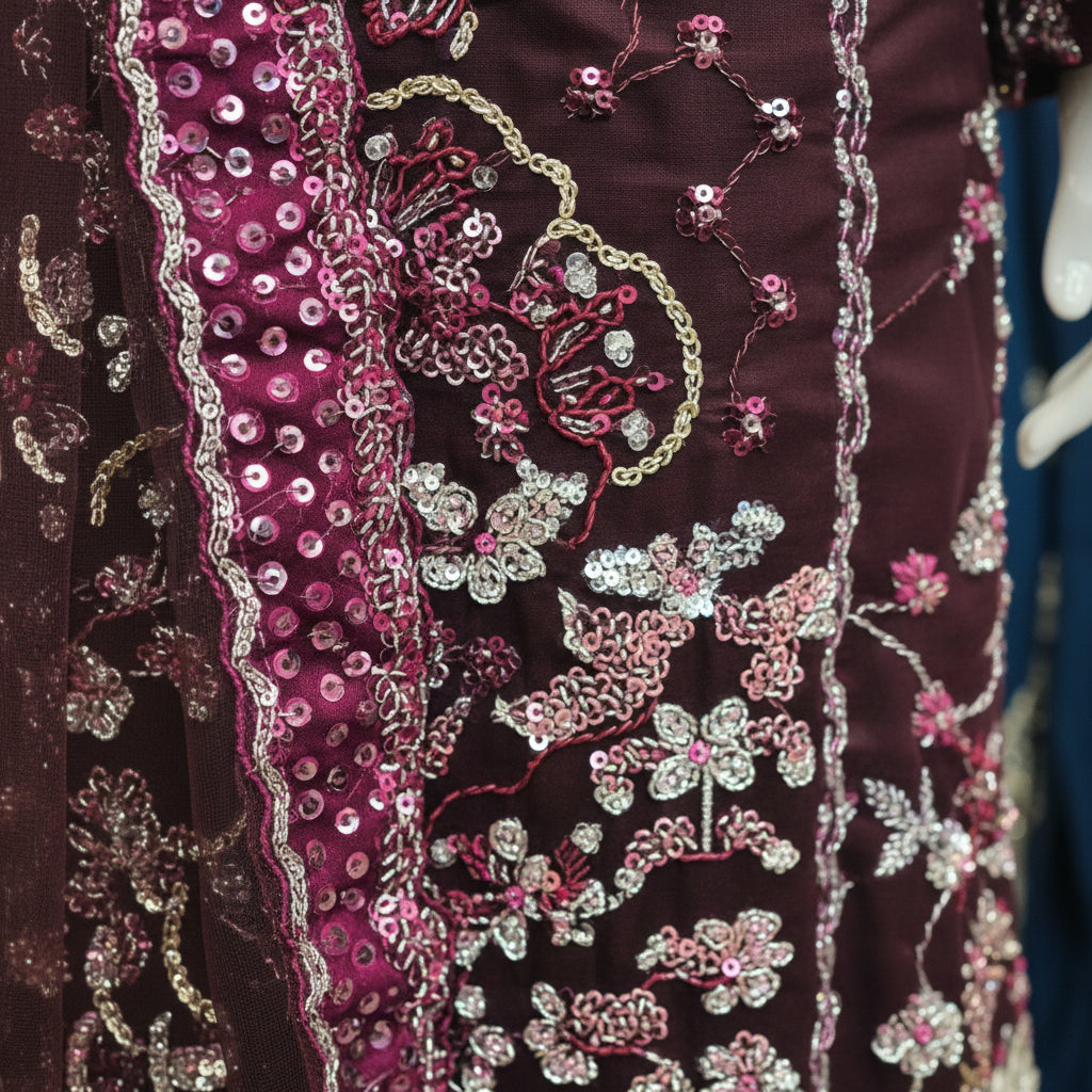 Joie by RPB | Deep Plum Silver Embellished Net Dress Brocade Sharara Set