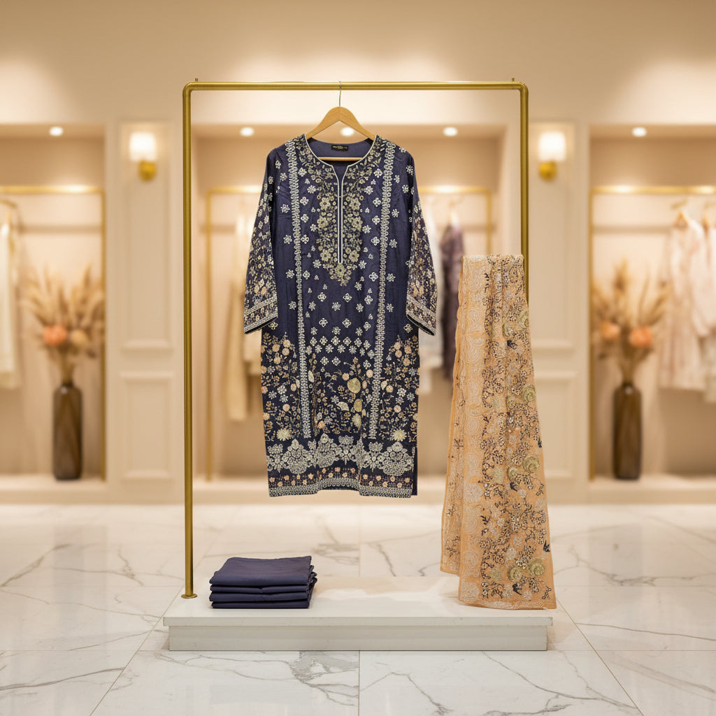 CRM Grape Twilight | Laser Cut Linen Kameez with Peach Embroidered Dupatta