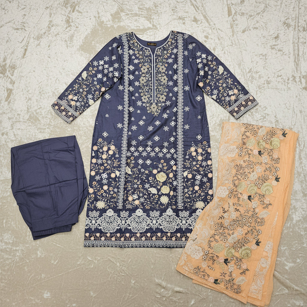 CRM Grape Twilight | Laser Cut Linen Kameez with Peach Embroidered Dupatta
