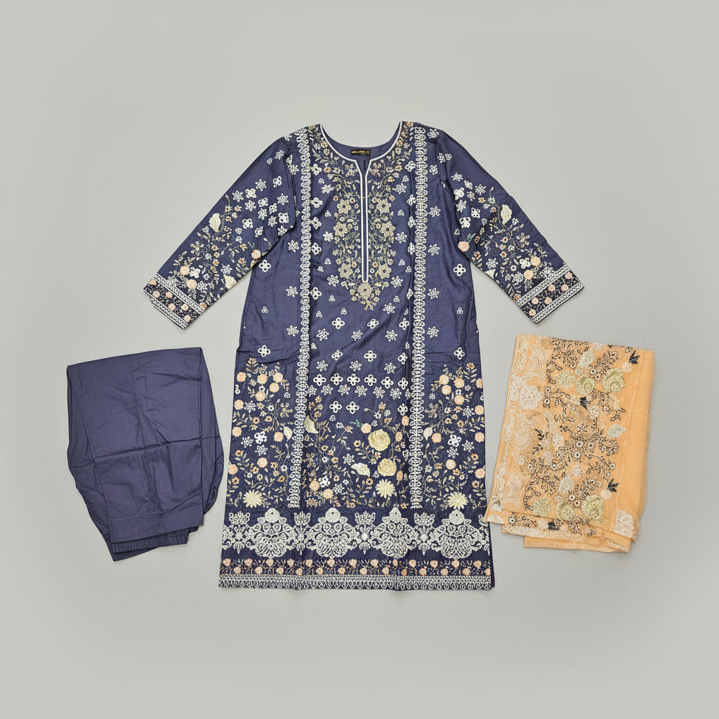 CRM Grape Twilight | Laser Cut Linen Kameez with Peach Embroidered Dupatta