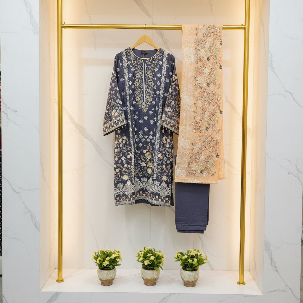 CRM Grape Twilight | Laser Cut Linen Kameez with Peach Embroidered Dupatta