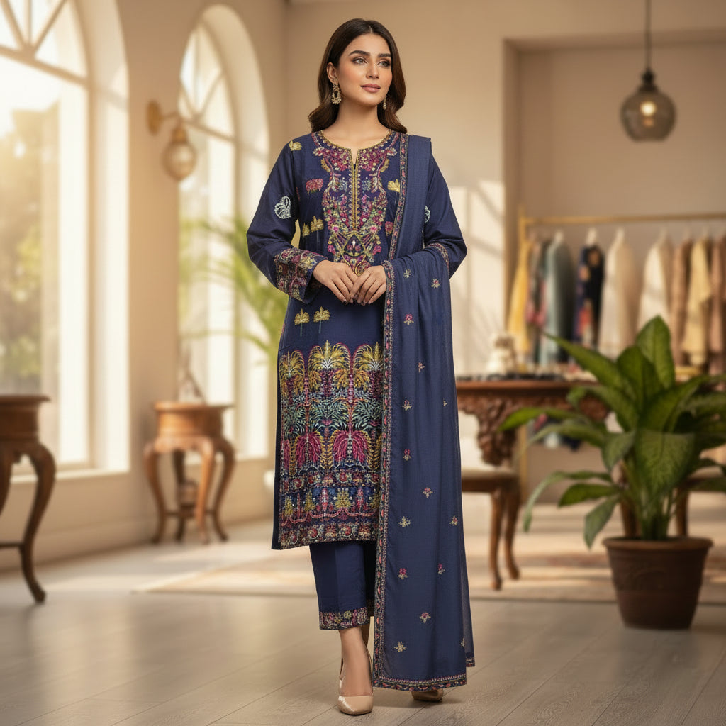 AL Navy Horizon | Embroidered Linen Shalwar Kameez with Chiffon Dupatta