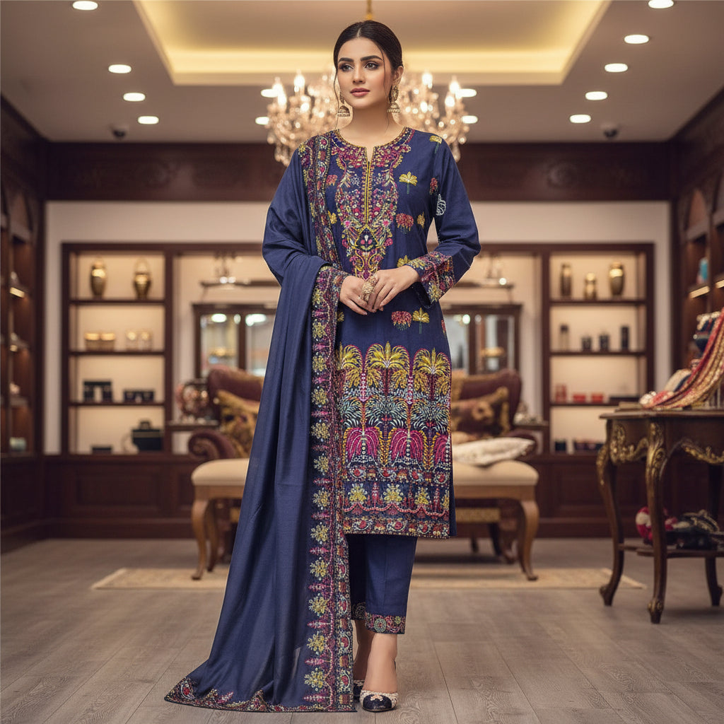 AL Navy Horizon | Embroidered Linen Shalwar Kameez with Chiffon Dupatta