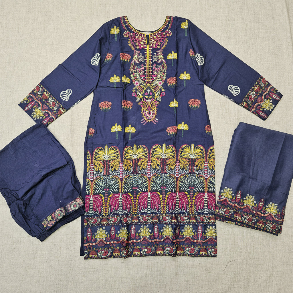 AL Navy Horizon | Embroidered Linen Shalwar Kameez with Chiffon Dupatta