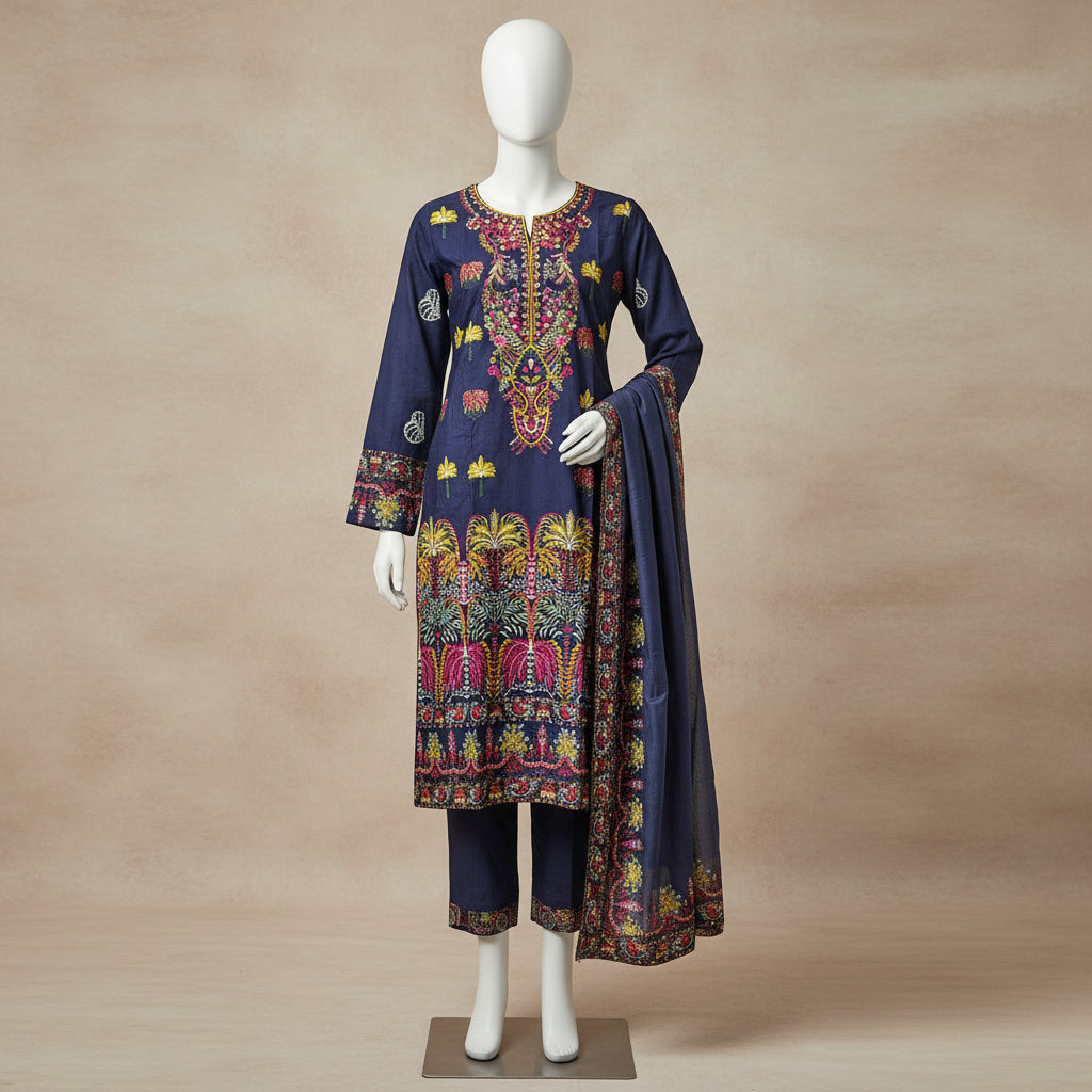 AL Navy Horizon | Embroidered Linen Shalwar Kameez with Chiffon Dupatta
