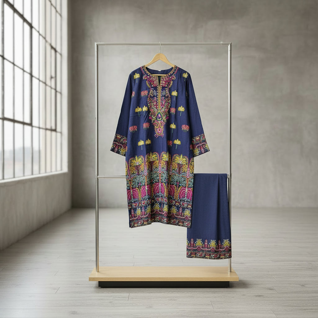 AL Navy Horizon | Embroidered Linen Shalwar Kameez with Chiffon Dupatta