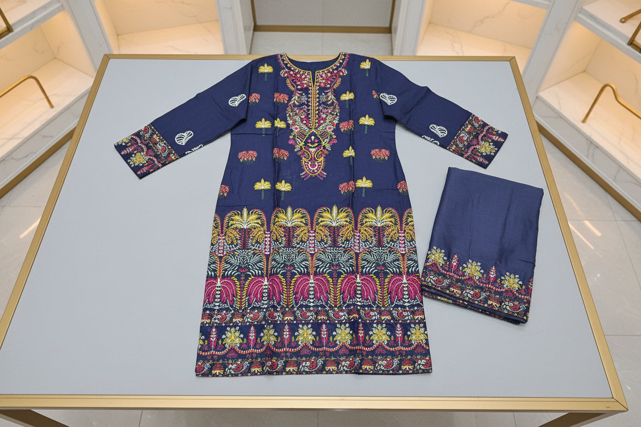 AL Navy Horizon | Embroidered Linen Shalwar Kameez with Chiffon Dupatta