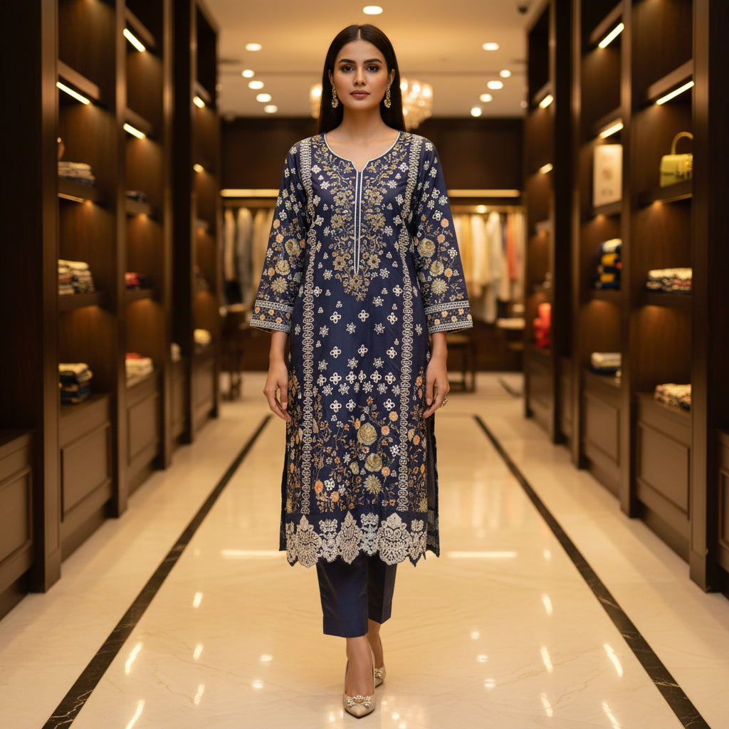CRM Grape Twilight | Laser Cut Linen Kameez with Peach Embroidered Dupatta