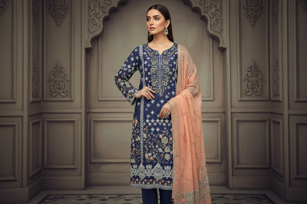 CRM Grape Twilight | Laser Cut Linen Kameez with Peach Embroidered Dupatta