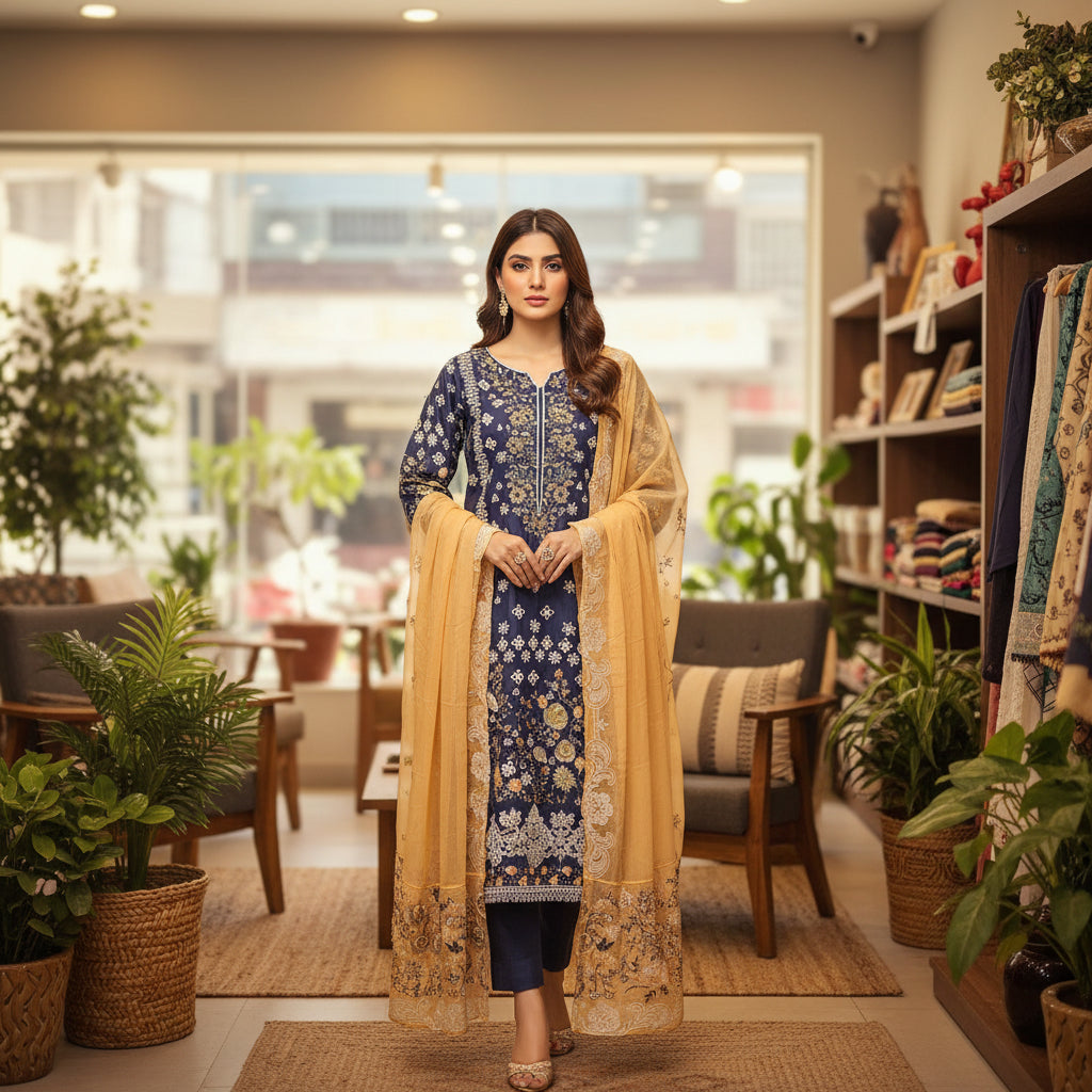 CRM Grape Twilight | Laser Cut Linen Kameez with Peach Embroidered Dupatta