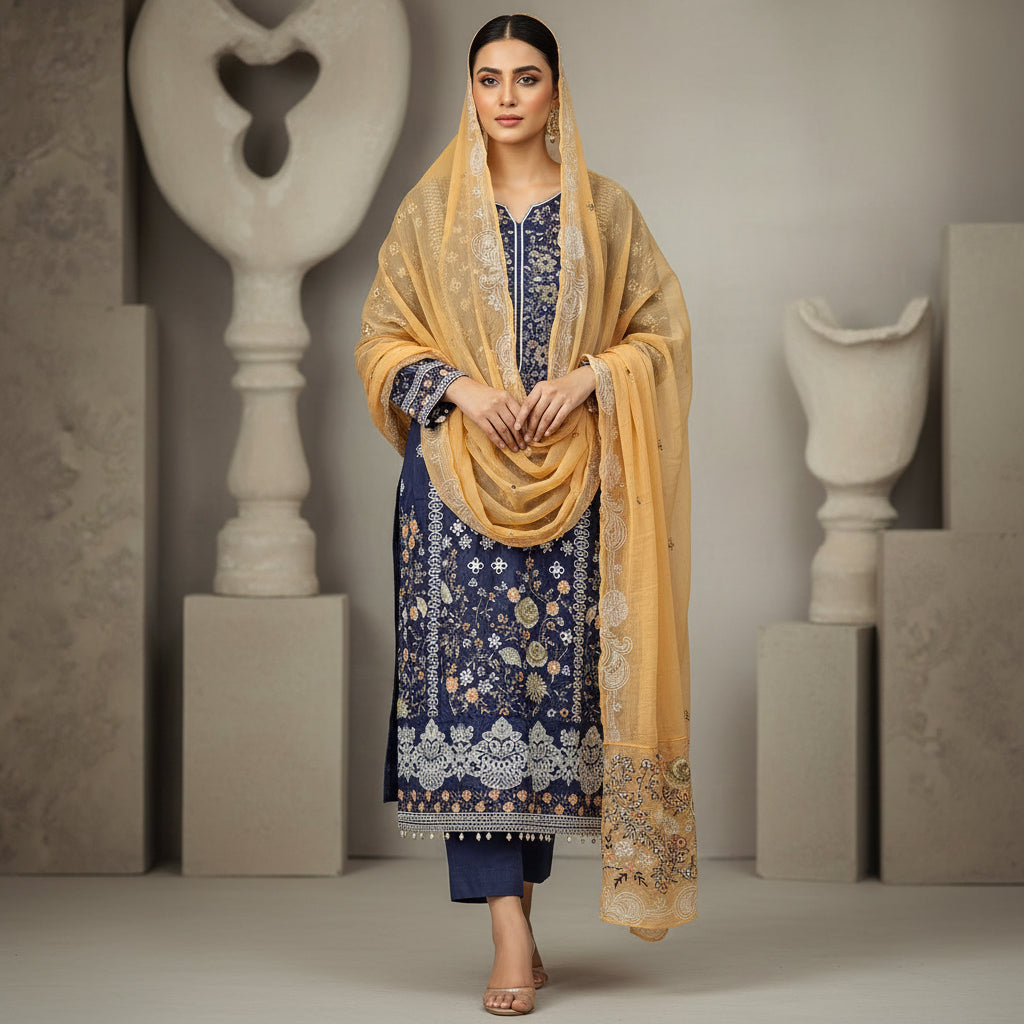 CRM Grape Twilight | Laser Cut Linen Kameez with Peach Embroidered Dupatta