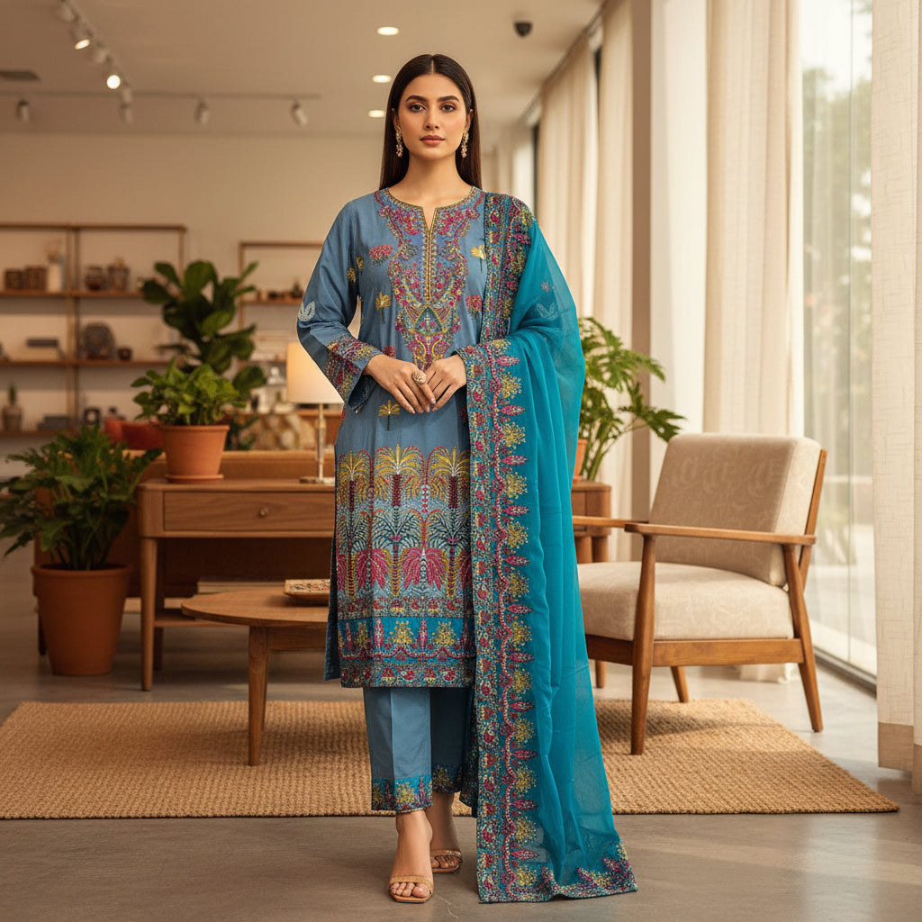 AL Denim Sky | Embroidered Linen Shalwar Kameez with Chiffon Dupatta