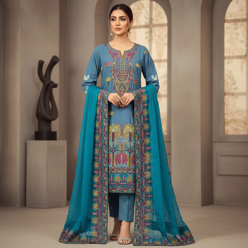 AL Denim Sky | Embroidered Linen Shalwar Kameez with Chiffon Dupatta