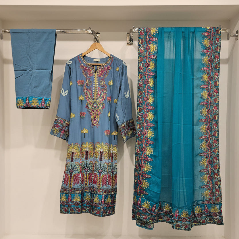 AL Denim Sky | Embroidered Linen Shalwar Kameez with Chiffon Dupatta