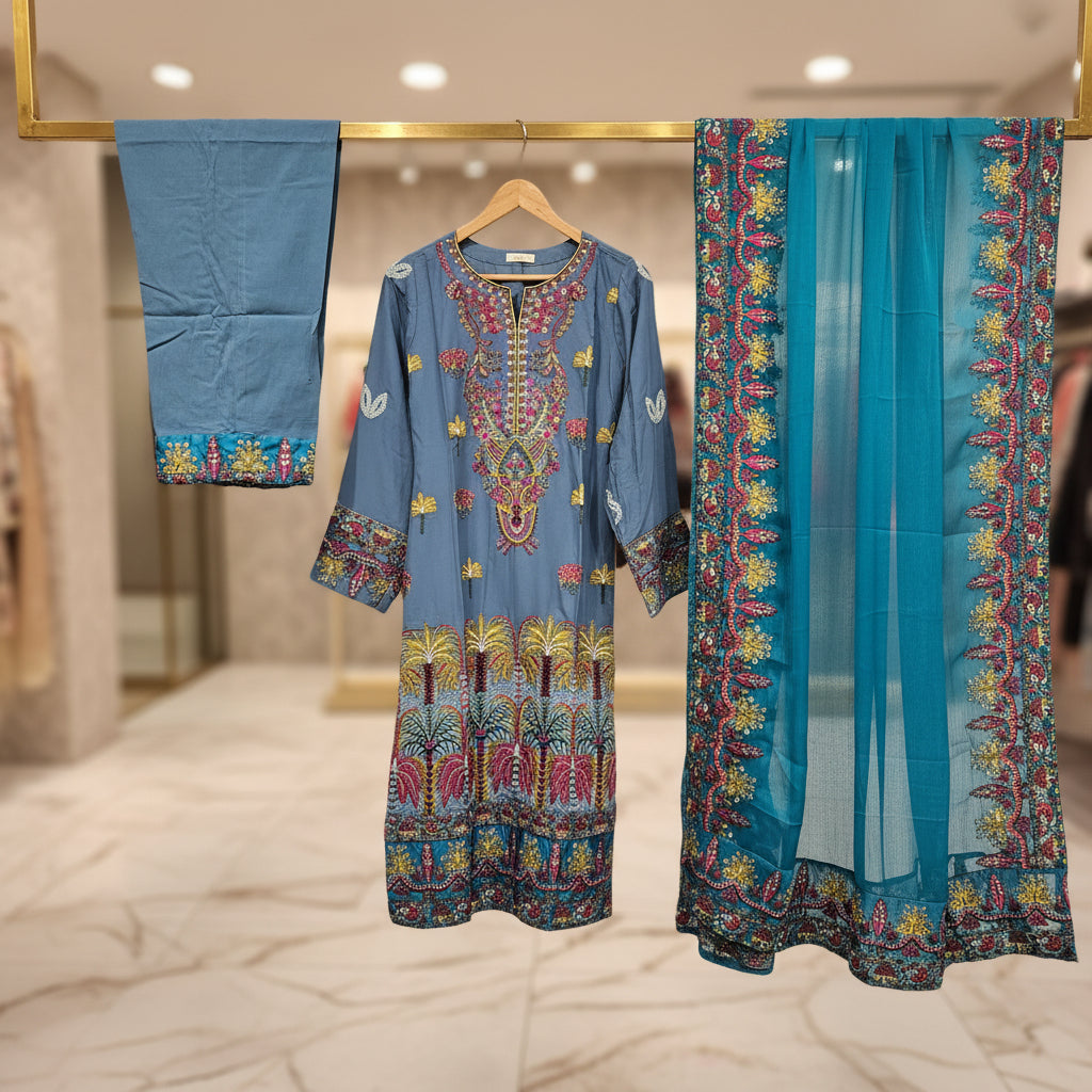 AL Denim Sky | Embroidered Linen Shalwar Kameez with Chiffon Dupatta