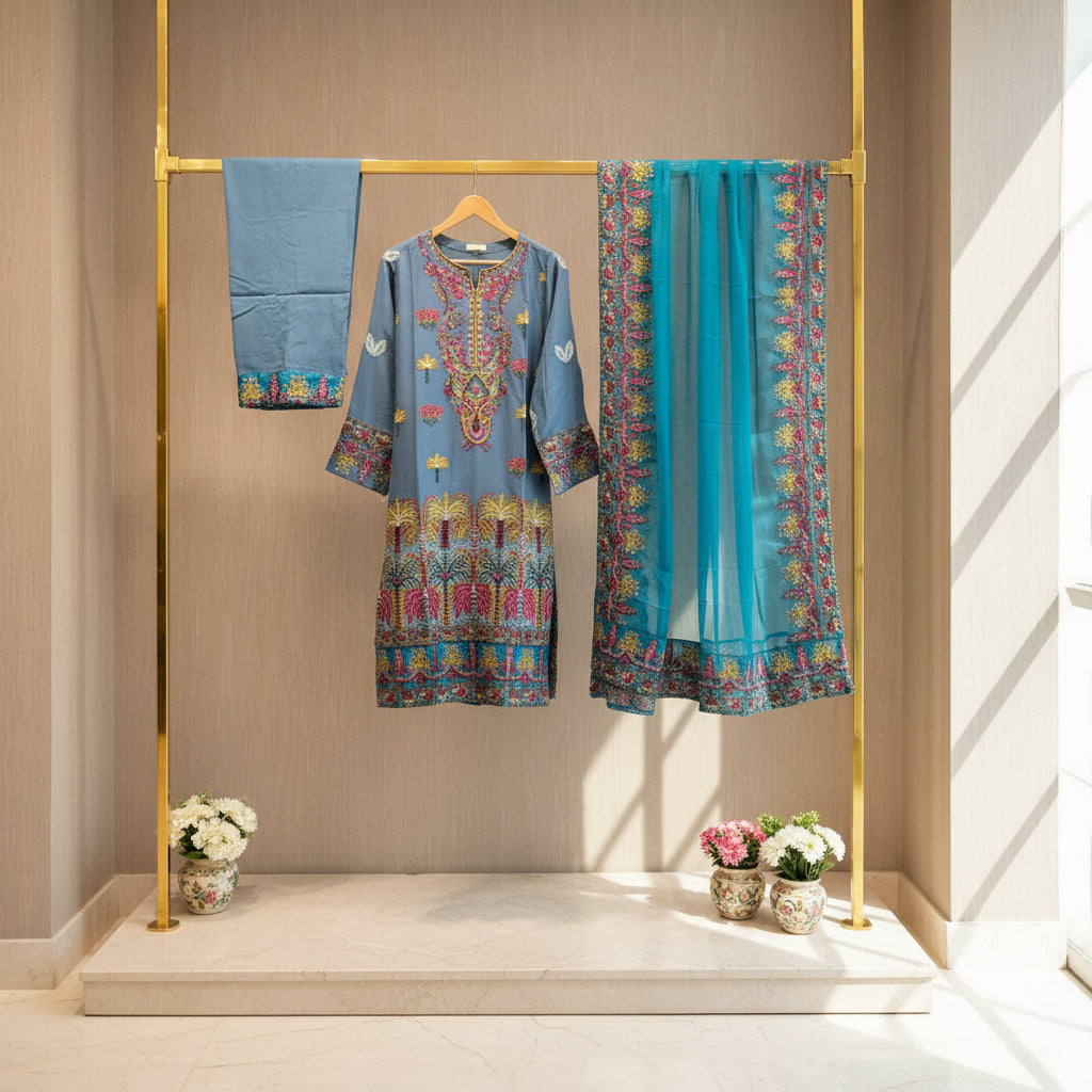 AL Denim Sky | Embroidered Linen Shalwar Kameez with Chiffon Dupatta