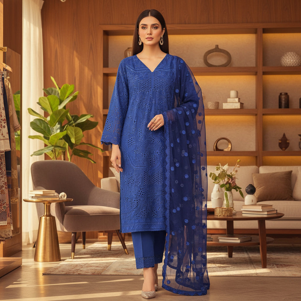 MB Midnight Canvas | Laser Cut Navy Linen Kameez with Embroidered Dupatta