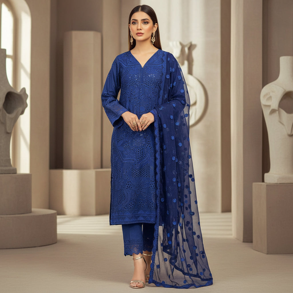 MB Midnight Canvas | Laser Cut Navy Linen Kameez with Embroidered Dupatta