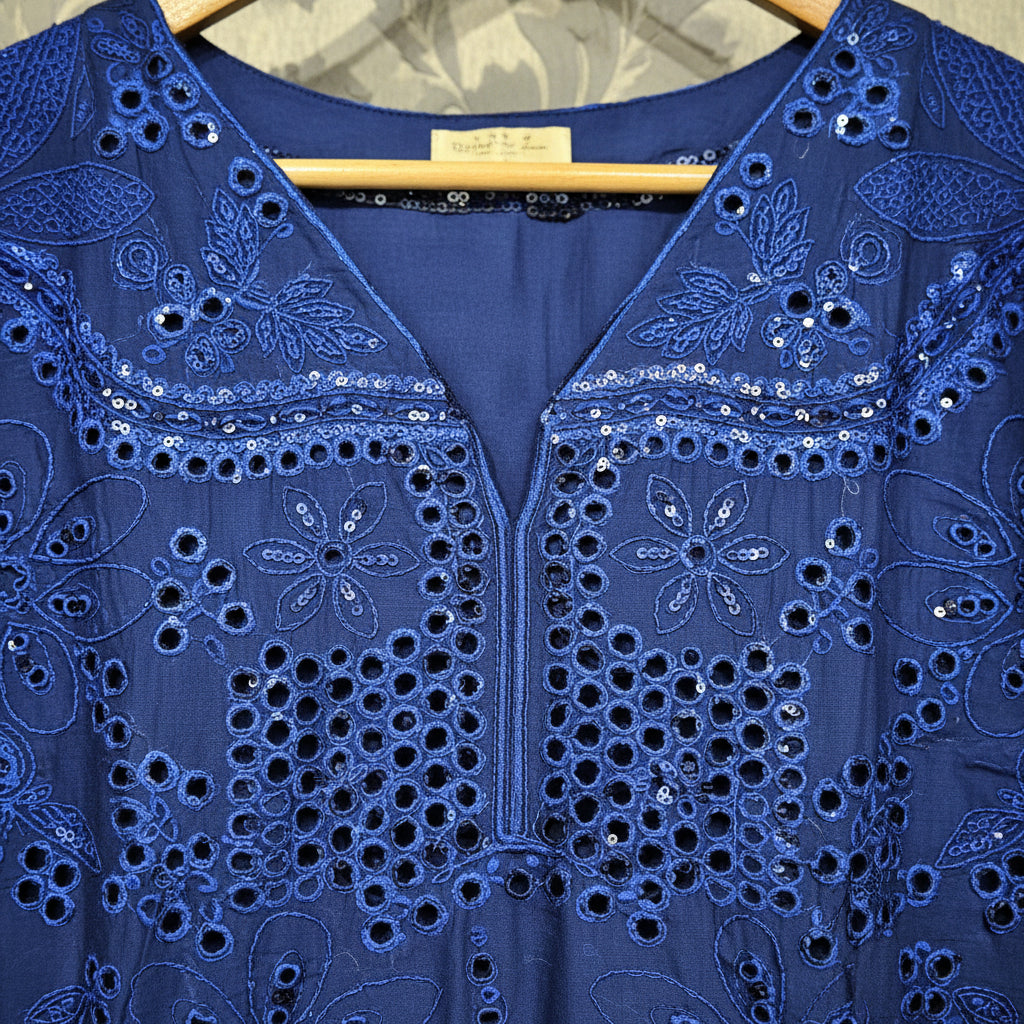 MB Midnight Canvas | Laser Cut Navy Linen Kameez with Embroidered Dupatta
