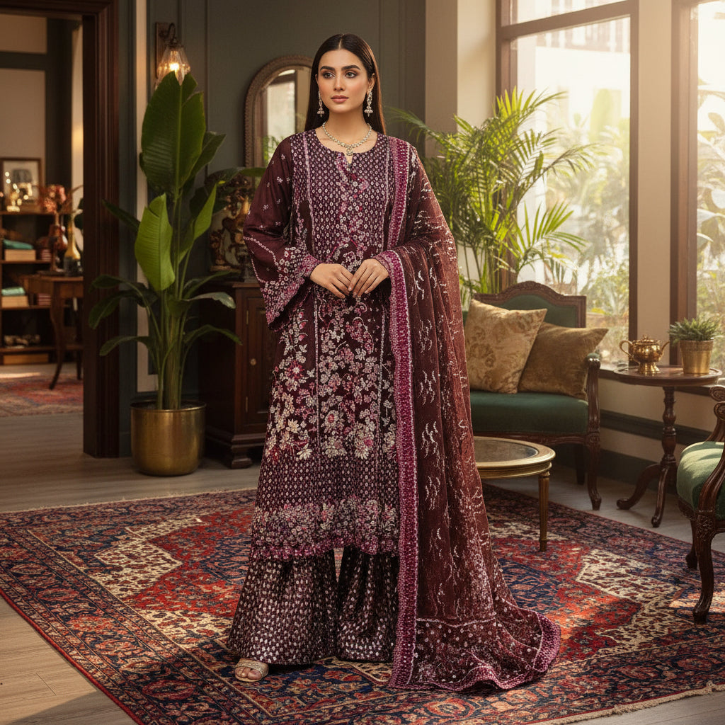 Joie by RPB | Deep Plum Silver Embellished Net Dress Brocade Sharara Set