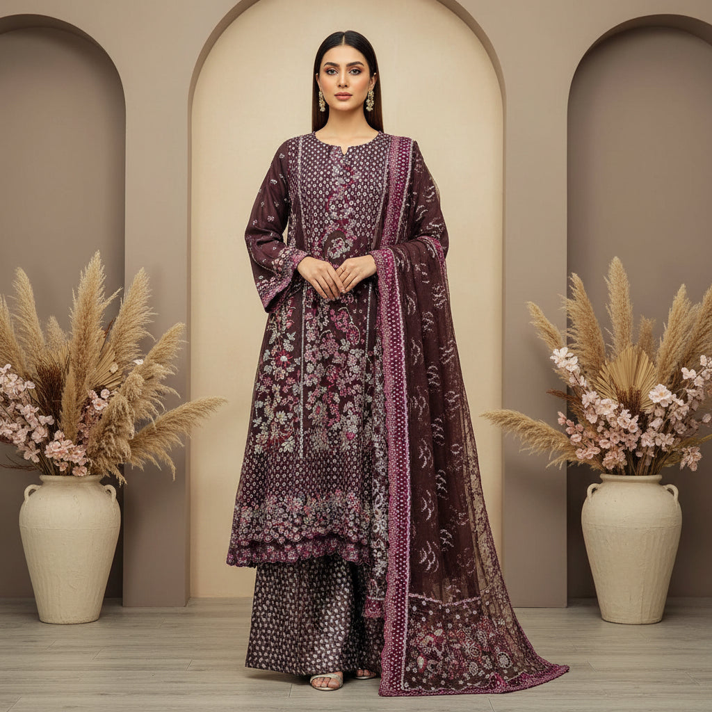 Joie by RPB | Deep Plum Silver Embellished Net Dress Brocade Sharara Set