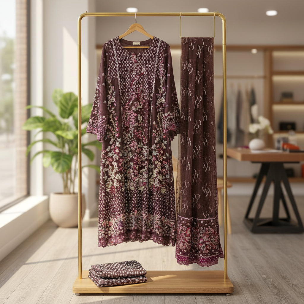 Joie by RPB | Deep Plum Silver Embellished Net Dress Brocade Sharara Set