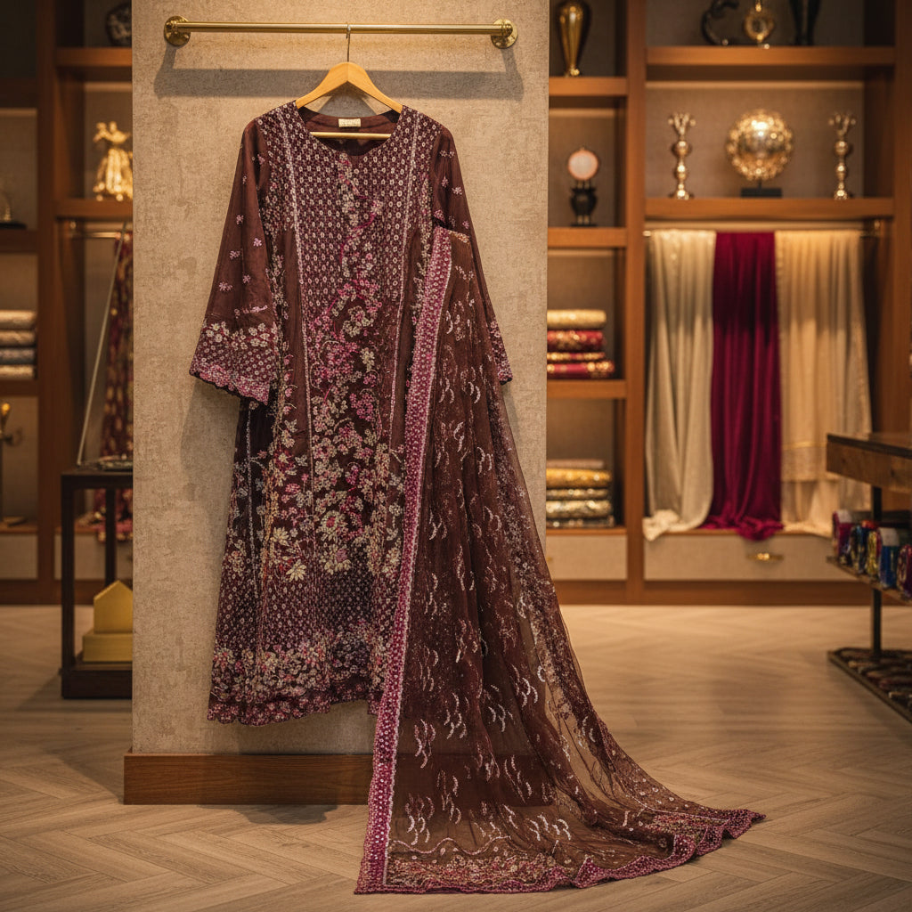 Joie by RPB | Deep Plum Silver Embellished Net Dress Brocade Sharara Set