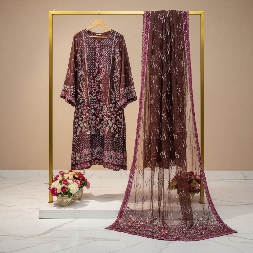Joie by RPB | Deep Plum Silver Embellished Net Dress Brocade Sharara Set
