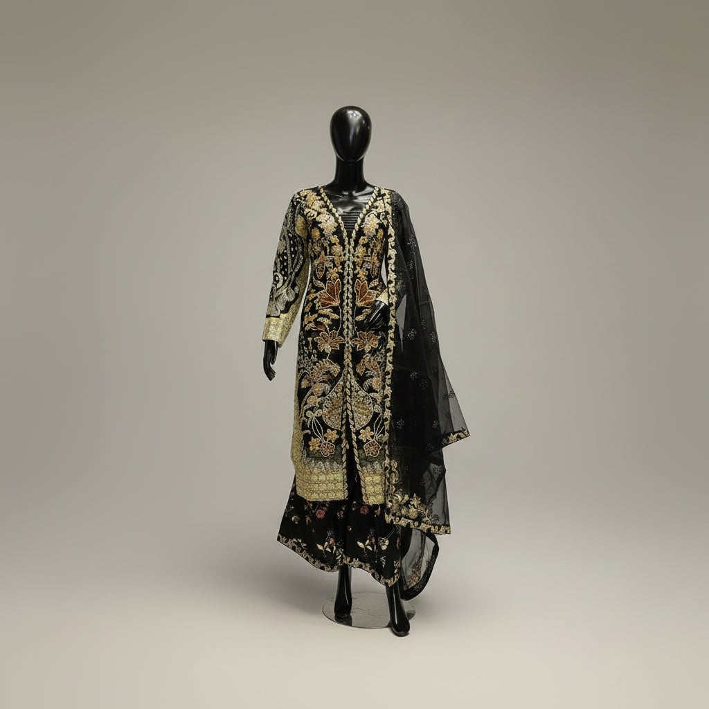 HuR Gilded Noir | Black & Gold Embellished Kameez with Floral Sharara