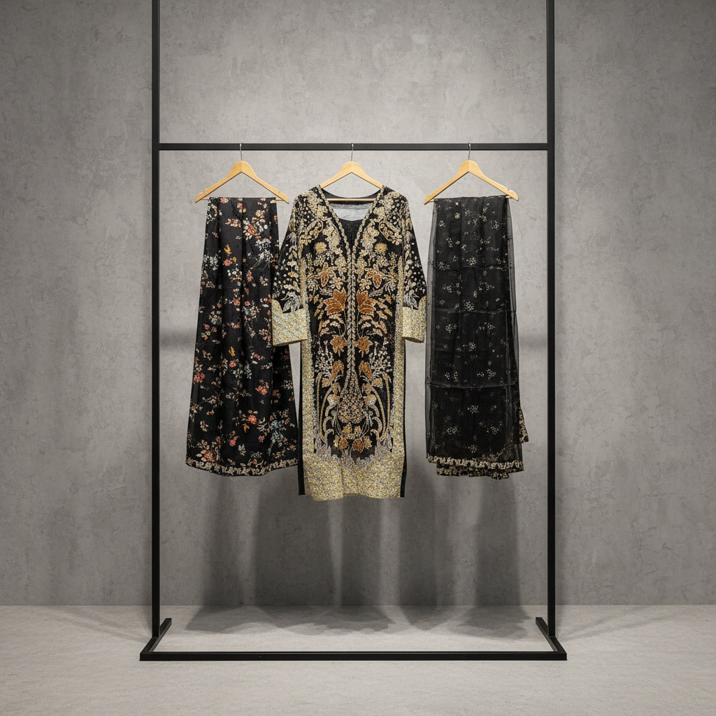 HuR Gilded Noir | Black & Gold Embellished Kameez with Floral Sharara