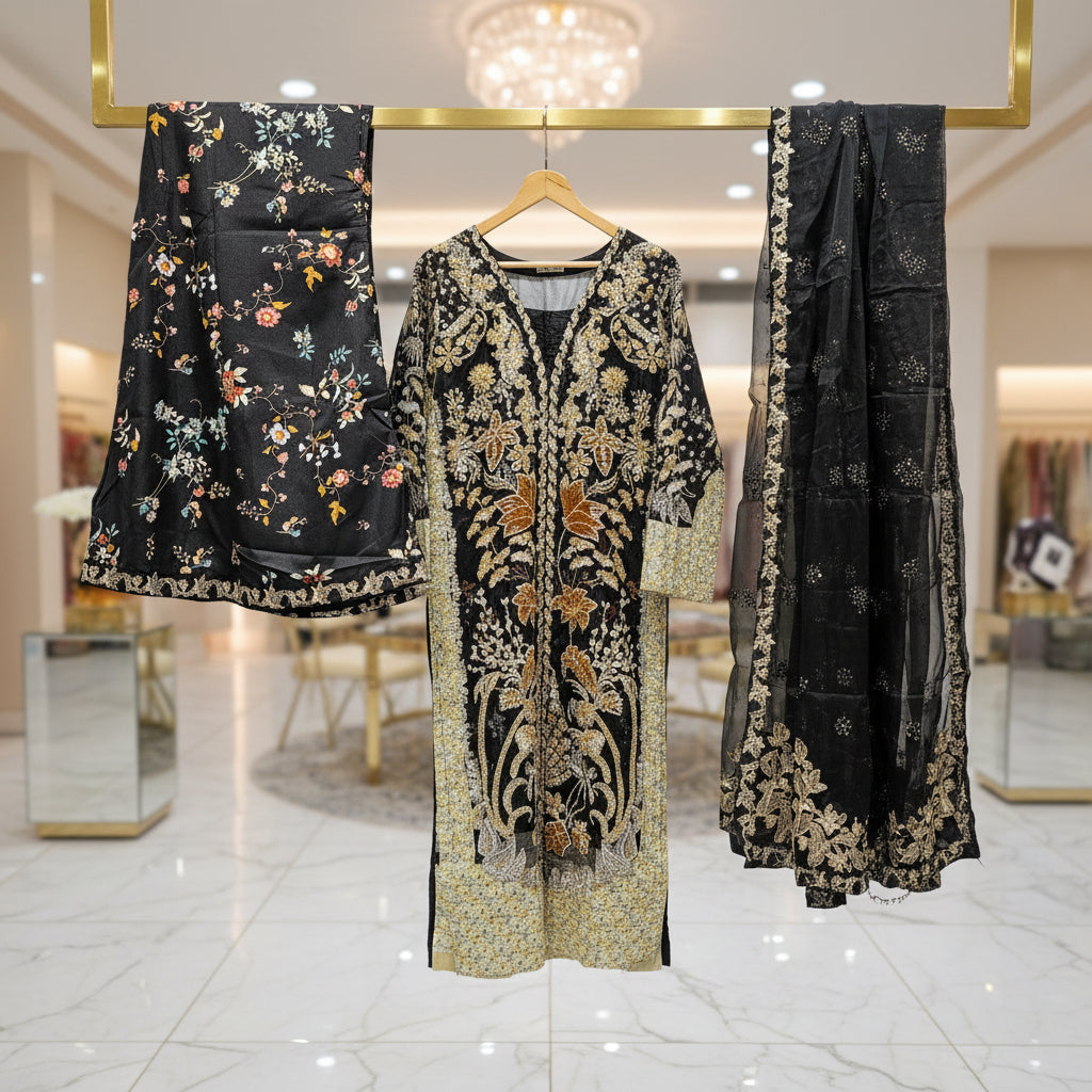 HuR Gilded Noir | Black & Gold Embellished Kameez with Floral Sharara