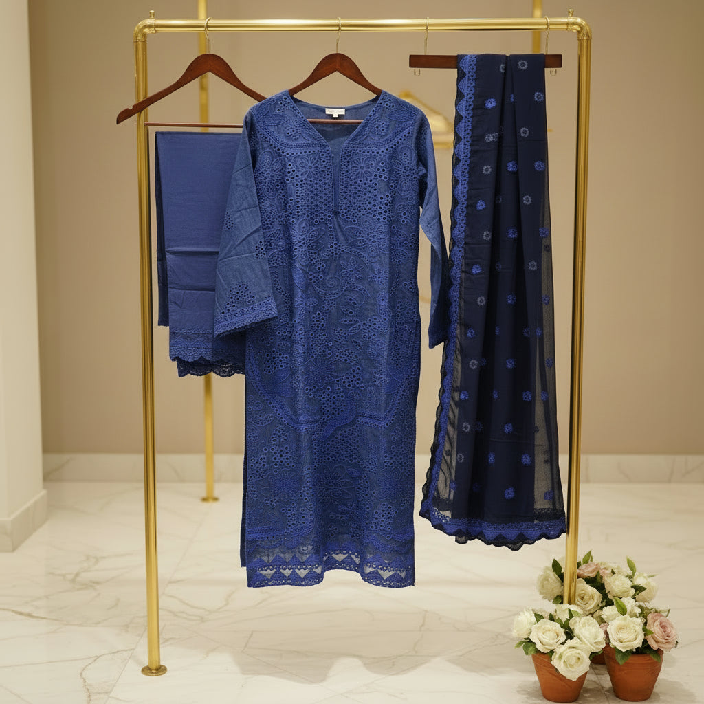 MB Midnight Canvas | Laser Cut Navy Linen Kameez with Embroidered Dupatta