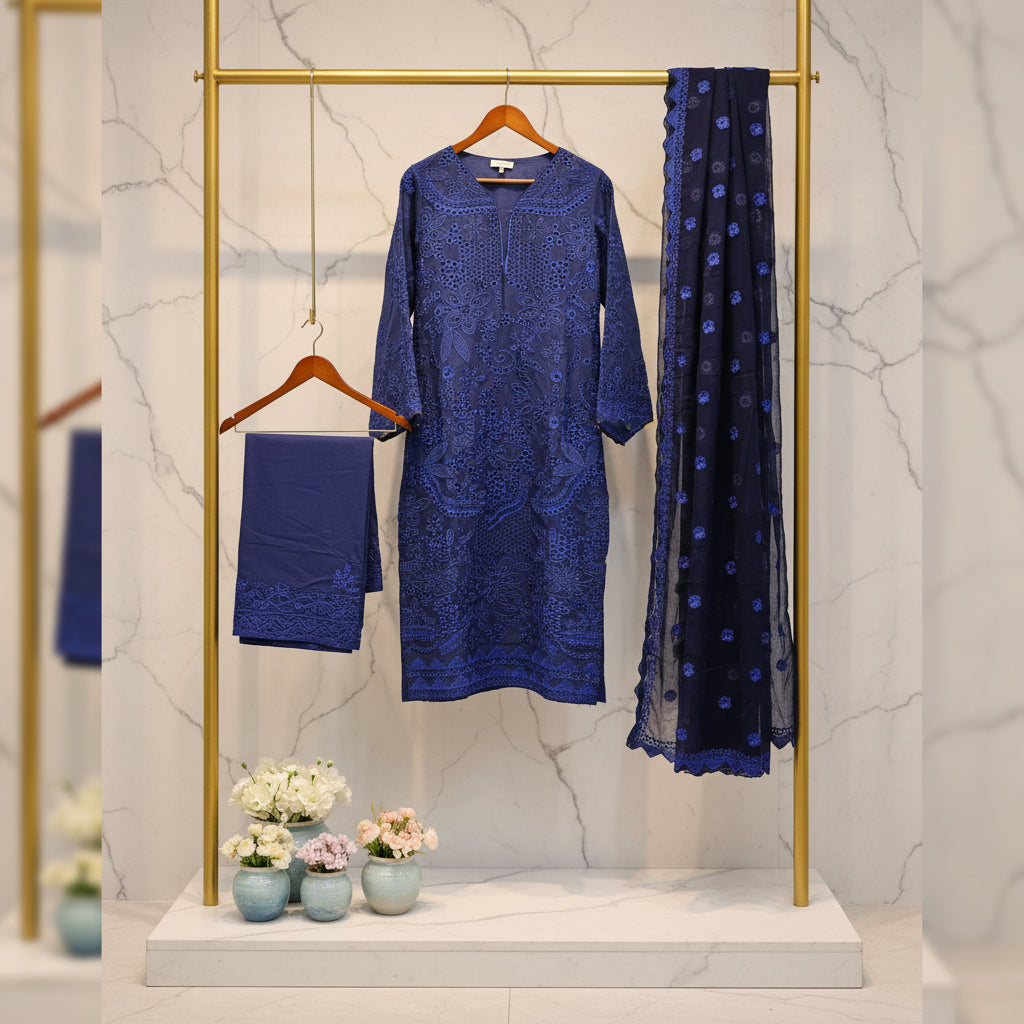 MB Midnight Canvas | Laser Cut Navy Linen Kameez with Embroidered Dupatta