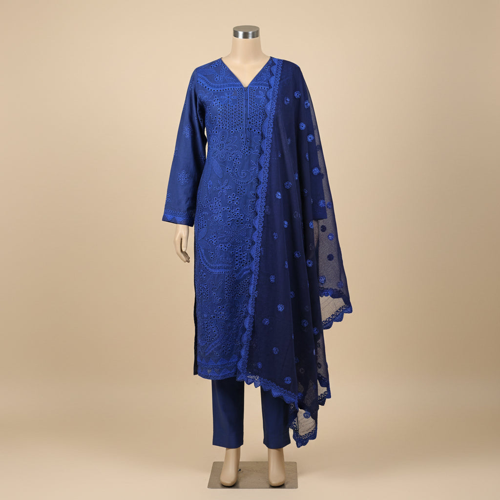MB Midnight Canvas | Laser Cut Navy Linen Kameez with Embroidered Dupatta