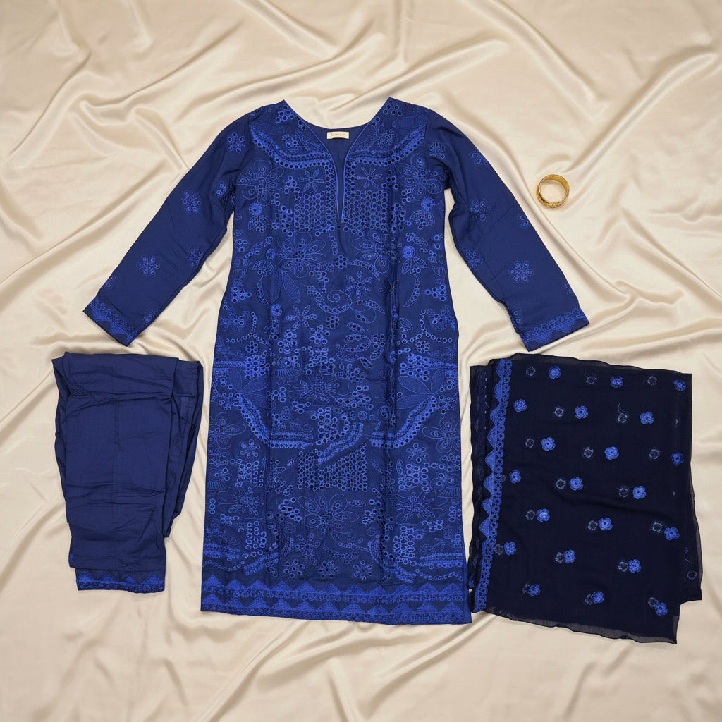 MB Midnight Canvas | Laser Cut Navy Linen Kameez with Embroidered Dupatta