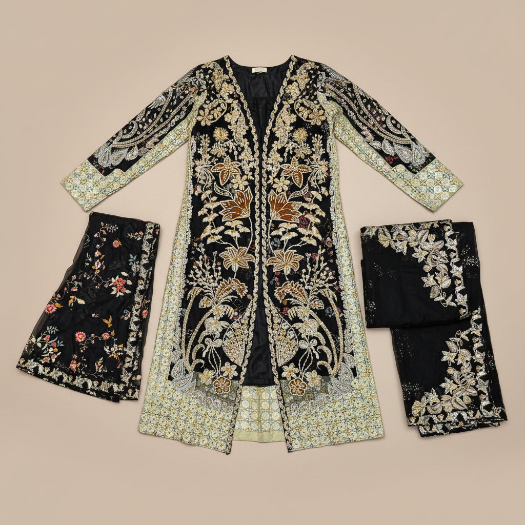 Black embroidered outfit with gold details on a wooden floor